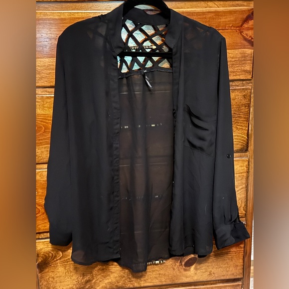 Black Sheer Blouse with Lattice Back - Picture 1 of 3